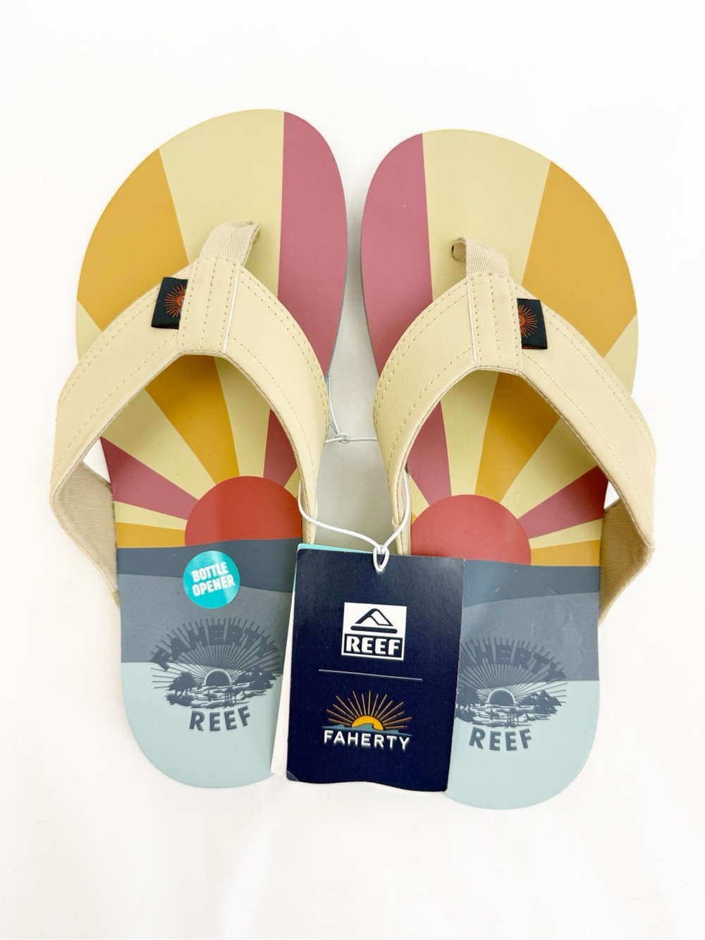 Faherty X Reef Sun And Waves Eva Unisex Flip Flops Bottle Opener Tan Newport - Picture 3 of 13